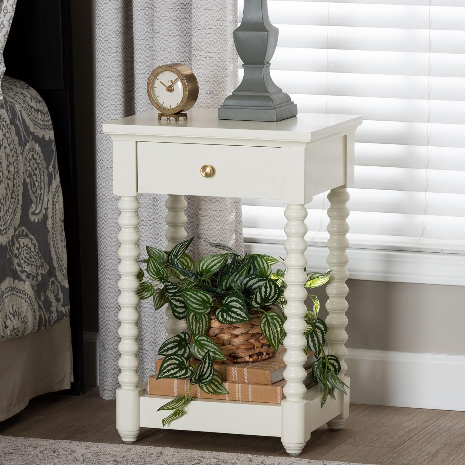 Baxton Studio Terentia Nightstand with Bobbin Legs - 1-Drawer Bedroom Side Table with Storage Shelf, White