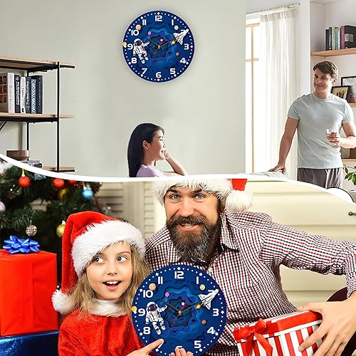 Miniatura 7 de Reloj de pared estilo viaje espacial vintage reloj de pared de madera silencioso sin tictac funciona con pilas números arábigos relojes de pared