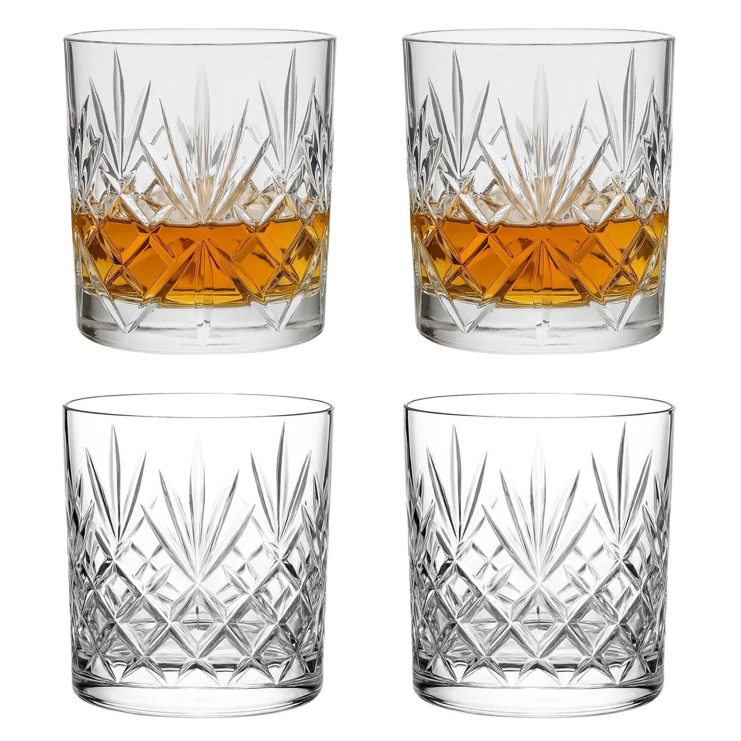 UNIQUE HOME LIVING Whiskey Glasses Set of 4 Vintage Whisky Tumblers 340ml Old Fashioned Drinking Glasses Clear Cut Glass Cups for Bourbon Brandy Rum Cocktail Glassware Barware Home Bar Party Men Gift