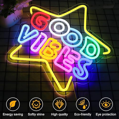 Miniatura 2 de Good Vibes - Letrero de neón LED, colorido letrero de neón de estrella para decoración de pared de 15.7 x 15.7 pulgadas, luces de neón iluminadas