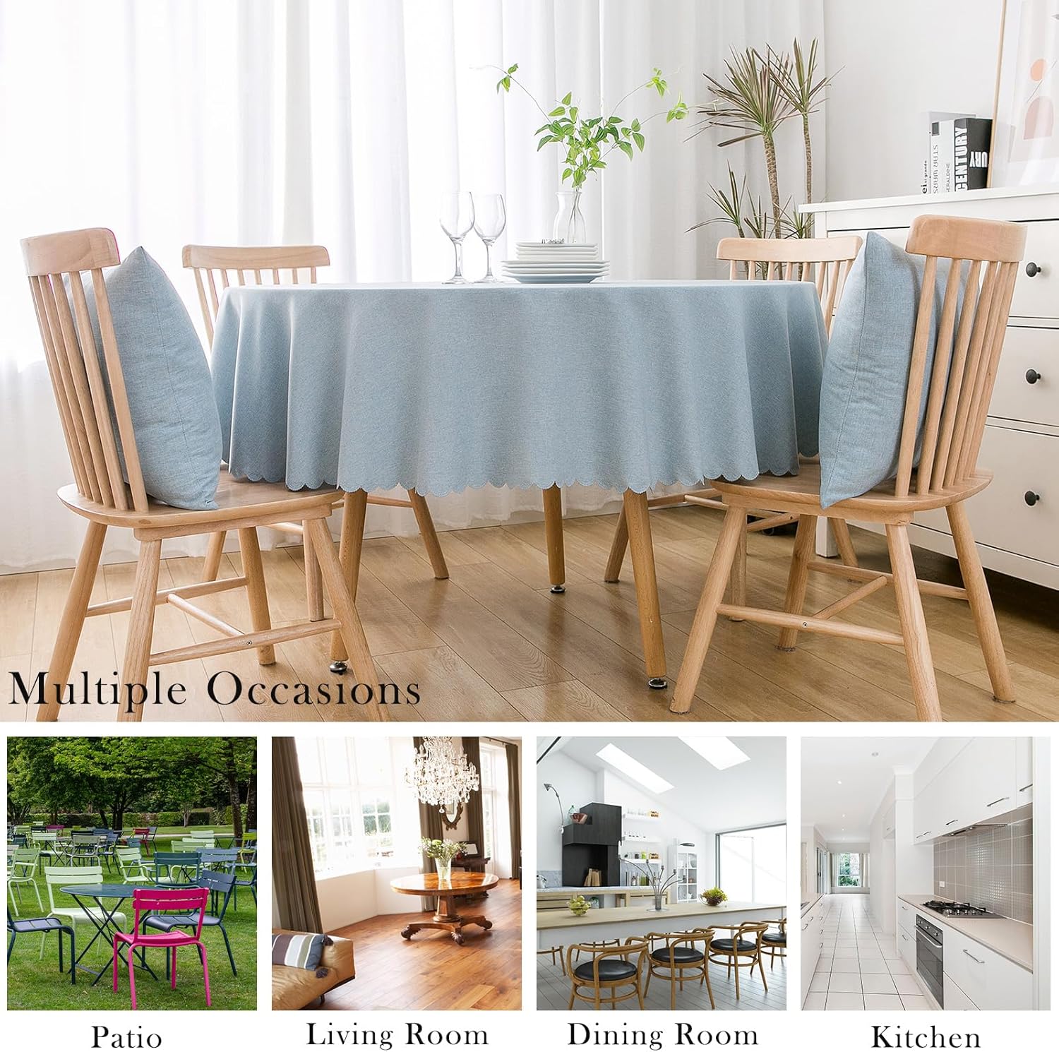 Qubjus Waterproof Round Tablecloth Washable Linen Solid Color Wrinkle Oilproof Table Cloth with Lace for Home Decor(Light Blue, Round- 78inch)