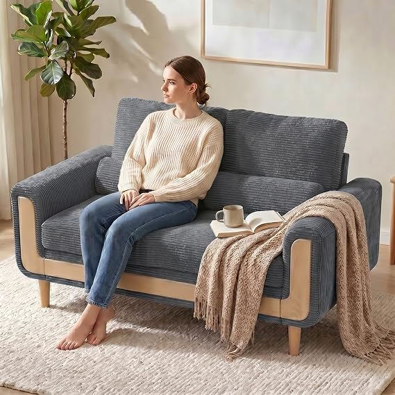 Small 2 Seater Sofa in Corduroy with Bolster Cushions, Grey