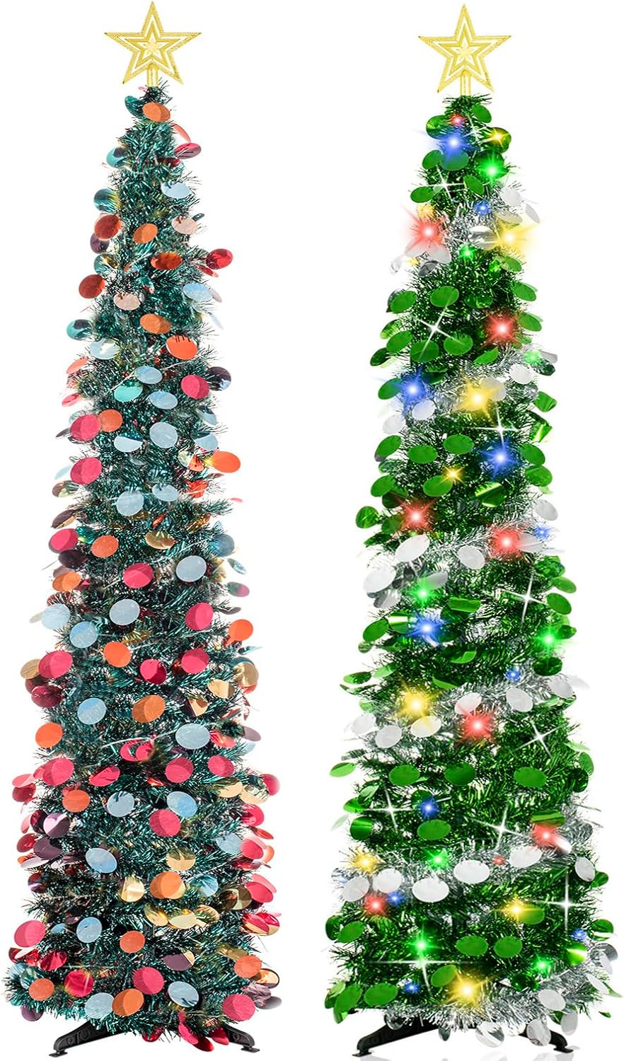 2Pcs Pop Up Christmas Tree with Lights 3D Topper Star - Collapsible Glitter Tinsel Artificial Christmas Pencil Trees Holiday Xmas Decoration for Indoor Home Office