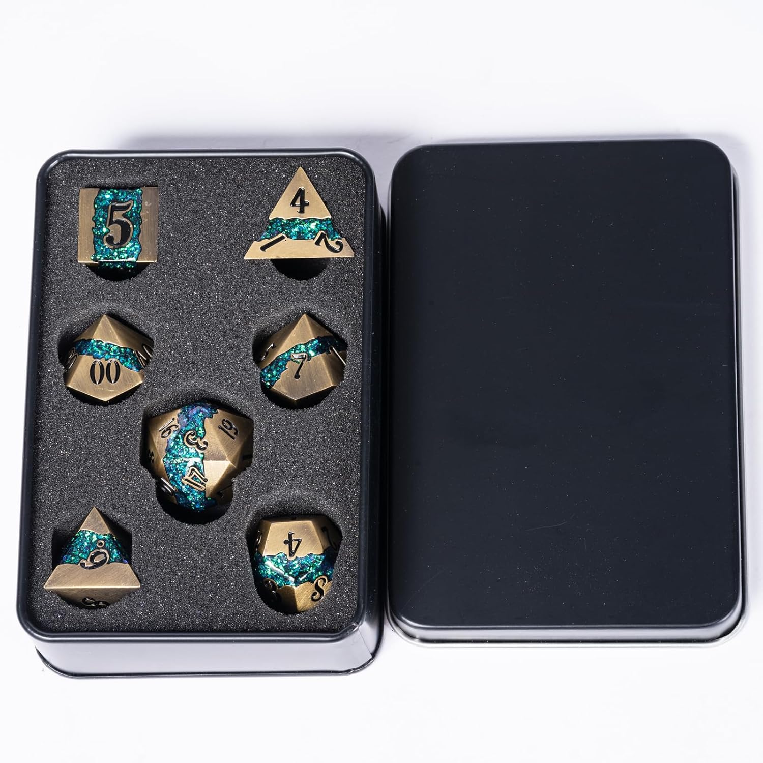 Metal Polyhedral Dice Set, 7PCS RPG Dice with Galaxy Glitter Resin Inlay for Dungeons and Dragons, Pathfinder Tabletop Role Playing Games