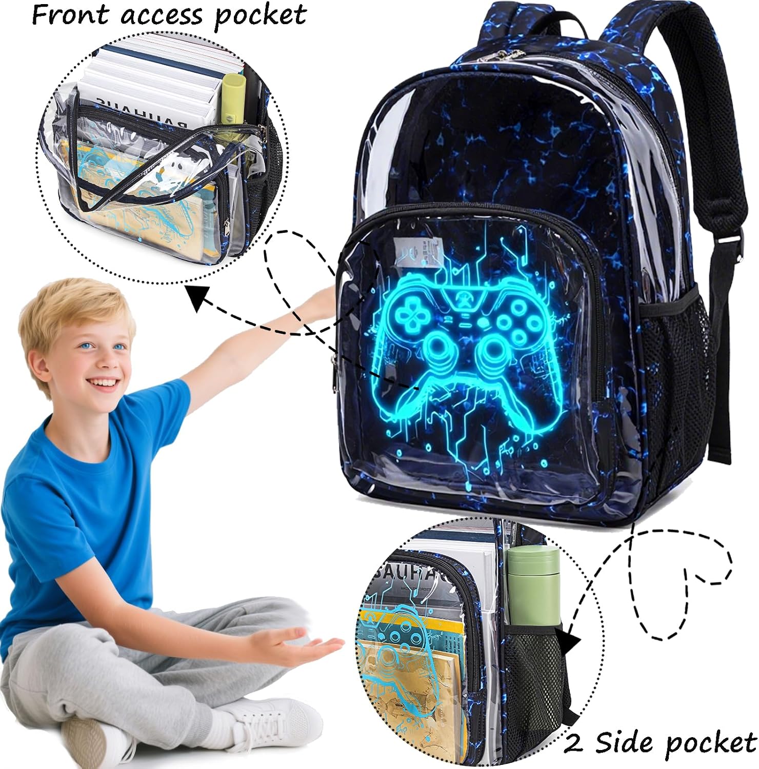 Jumpopack Clear Backpack Bookbag Heavy Duty TPU Clear Backpacks for School Transparent Backpacks See Through Backpack for Stadium Events,Luminous Gamepad