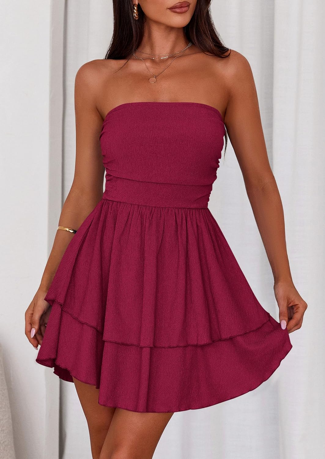 PRETTYGARDEN Women's 2026 Summer Strapless Tube Mini Dress Off Shoulder Smocked Ruffle A Line Flowy Short Party Club Dresses