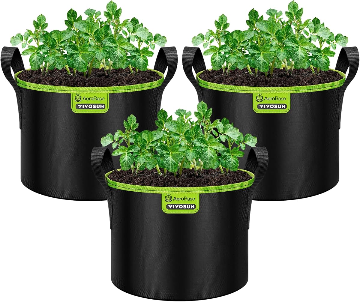 VIVOSUN 3-Pack 5 Gallon AeroBase Grow Bags with Breathable Base | Mesh Fabric, Air Cushion Base, Enhanced Root Aeration, Air Pruning for Healthy Roots, Durable Design, Reinforced Handles