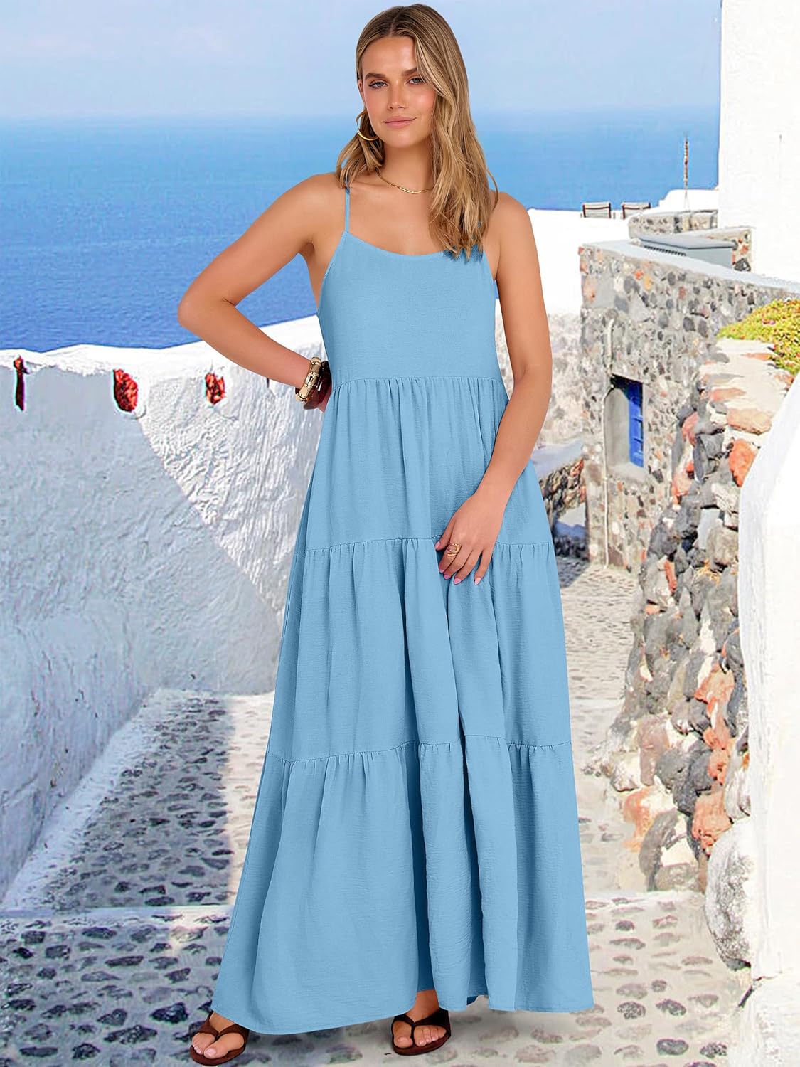 ANRABESS Womens Maxi Dress 2026 Summer Casual Sleeveless Spaghetti Strap Boho Sundress Flowy Tiered Beach Vacation Long Dress - Image 3