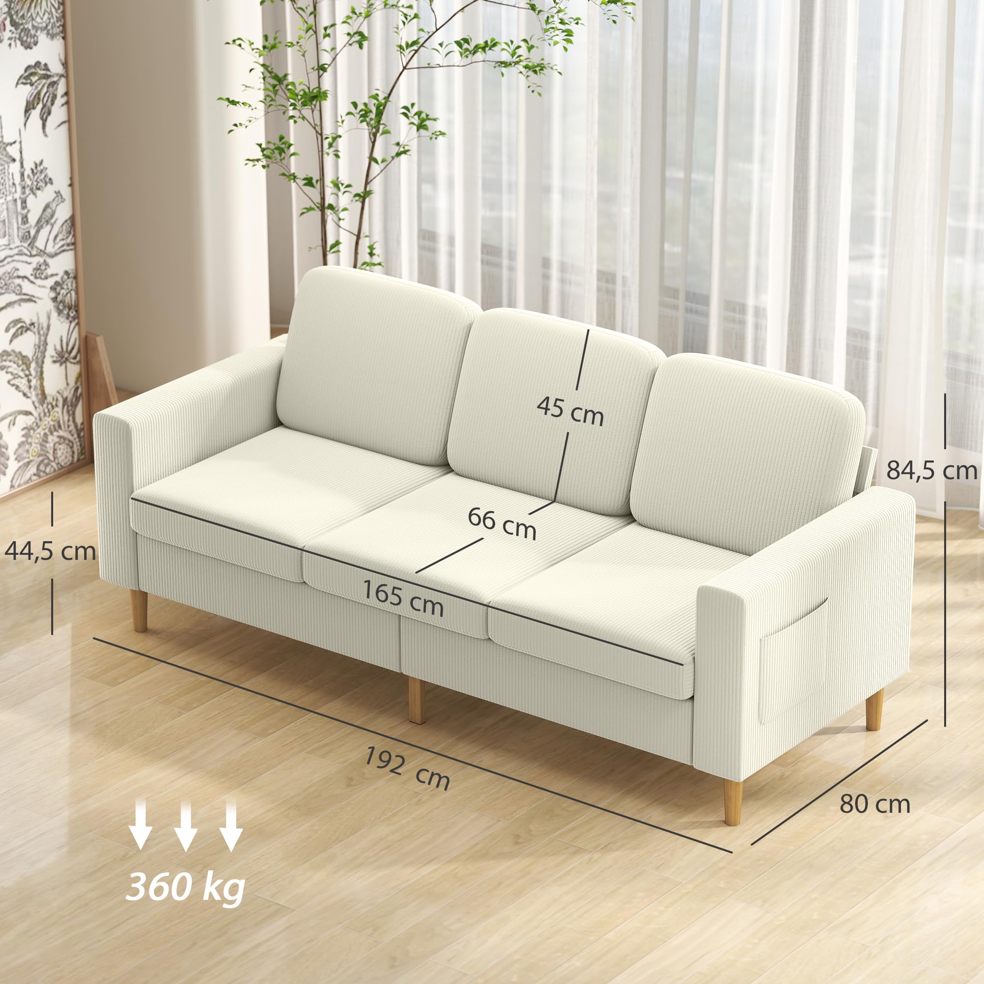 HOMCOM Divano a 3 posti in velluto a coste, design moderno, divano con cuscini a molle e seduta imbottita, ideale per soggiorno, camera da letto o ufficio, 192 cm, beige
