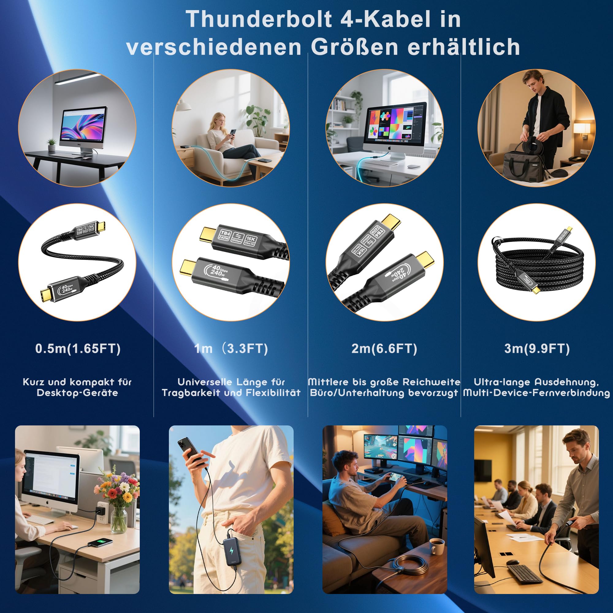 CAKOBLE thunderbolt 4 kabel 3m,16K@30Hz/8K@60Hz/4K@144Hz Video, 40Gbps datenkabel, 240W Schnellladung,USB 4 Kabel für Thunderbolt 5 Geräte,MacBook,Monitor, display,SSD,eGPU- Abriebfest & Stabil