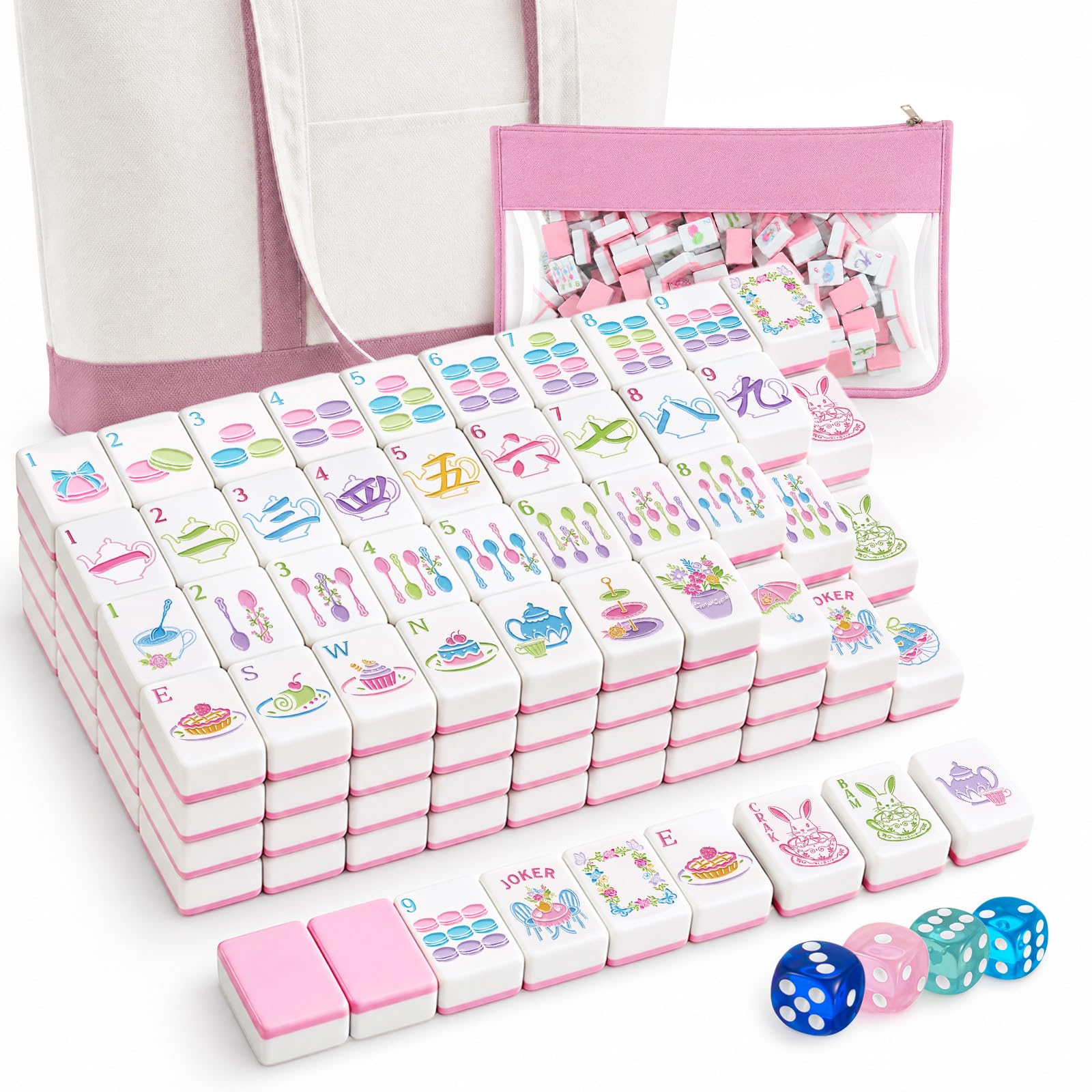 Photo 1 of Soulchen 1.2 Inch Whimsical Tea Party American Mahjong Set, 168 Afternoon Tea Tiles with Large Tote Bag Clear Portable Pouch, Dice, Pastel Macaron Mahjong Game Night Travel Vacation Collection