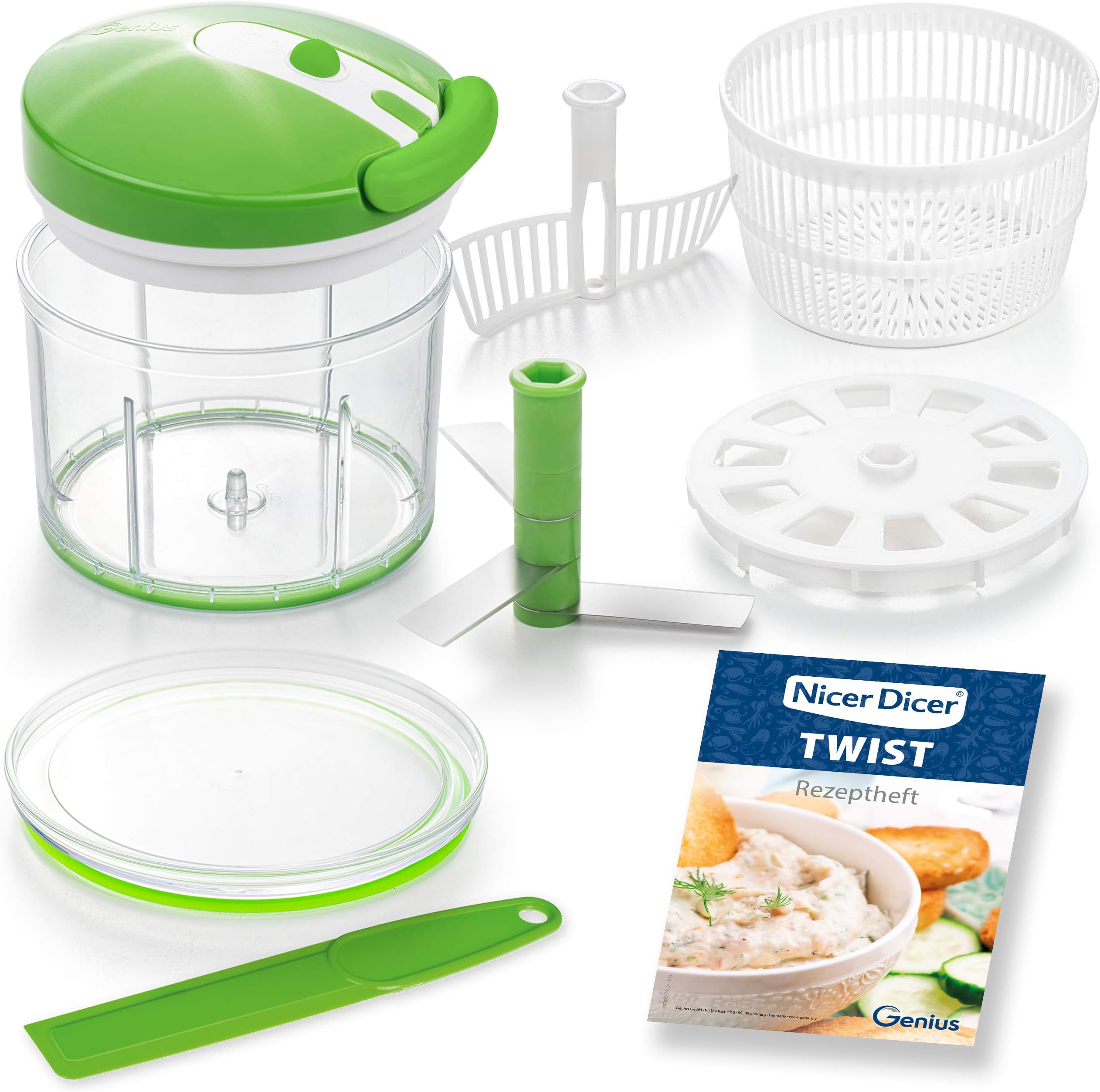 Genius Nicer Dicer Twist Universal Chopper Set, 9 Pieces, Green, Manual Vegetable Cutter with Pulley, Salad Spinner & Strainer, Onion Cutter for Chopping + Puréeing, 1000 ml A29187