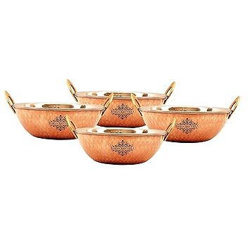 INDIAN ART VILLA Hammered Design Steel Copper Serving Small Kadhai Wok Bowl- Home, Hotel, Restaurant, Tableware, Volume-350 ML, 5.4 Inch Width, Set of 4