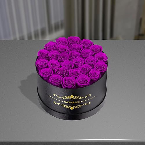 Miniatura 2 de NATROSES 27 rosas preservadas para siempre en una caja, flores preservadas para cumpleaños, regalos de flores para el día de la madre, color morado