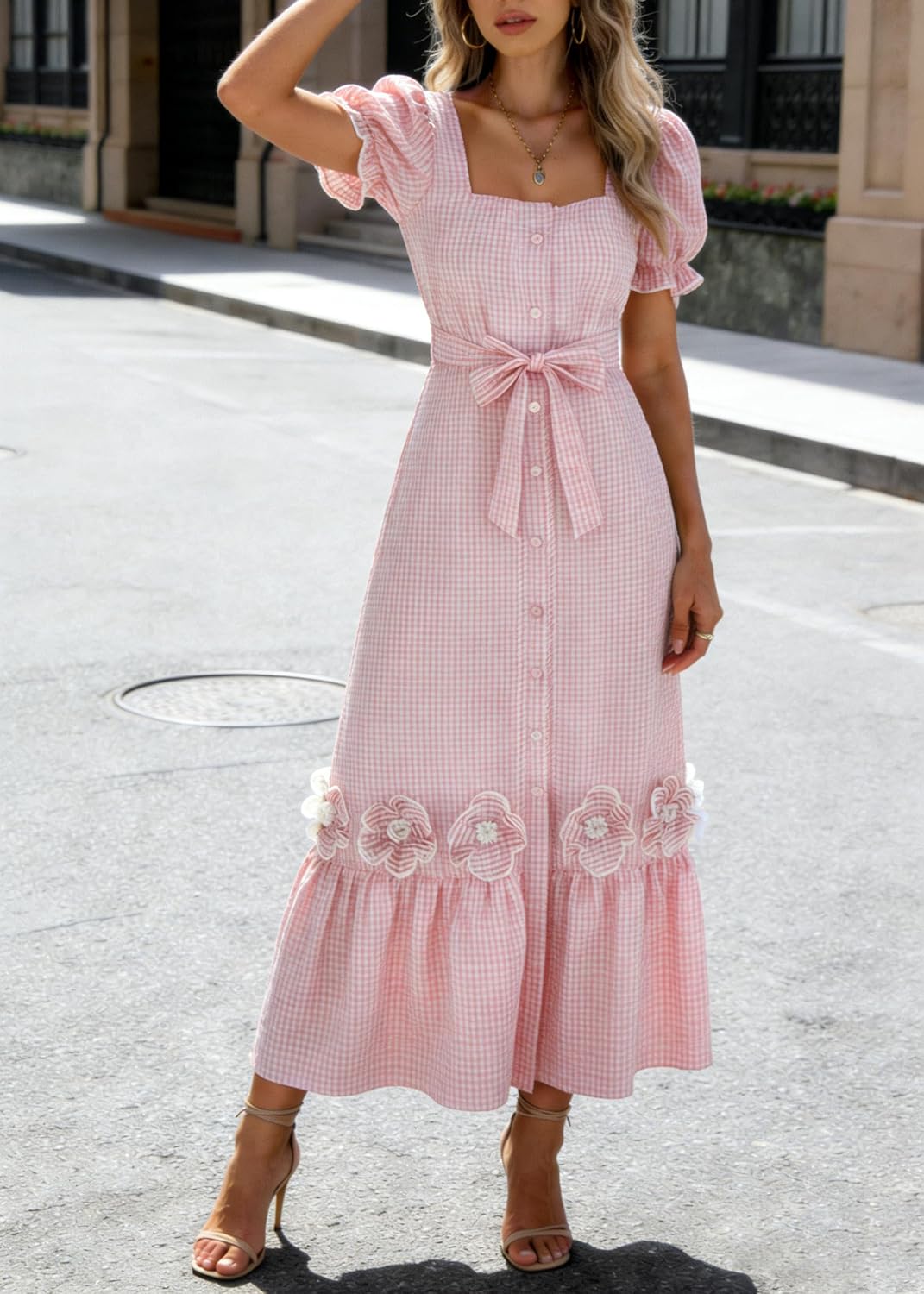 utcoco Dresses for Women Puff Short Sleeve Button Down 3D Flower Ruffle Plaid Maxi Shirt Dress