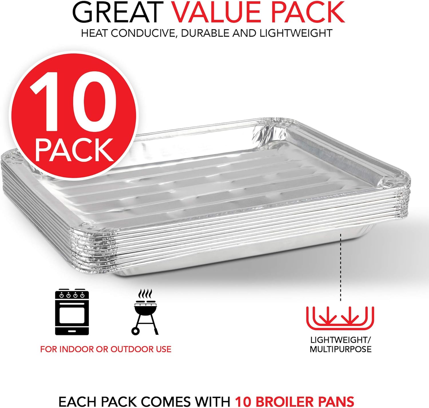 Disposable Aluminum Foil Broiler Pans (10 Pack) - Broiler Drip Pans for Oven - Durable Broiling Pans with Ribbed Bottom Surface for BBQ Grill Like Texture - 13x9 Inch Broiler Pan: Home & Kitchen