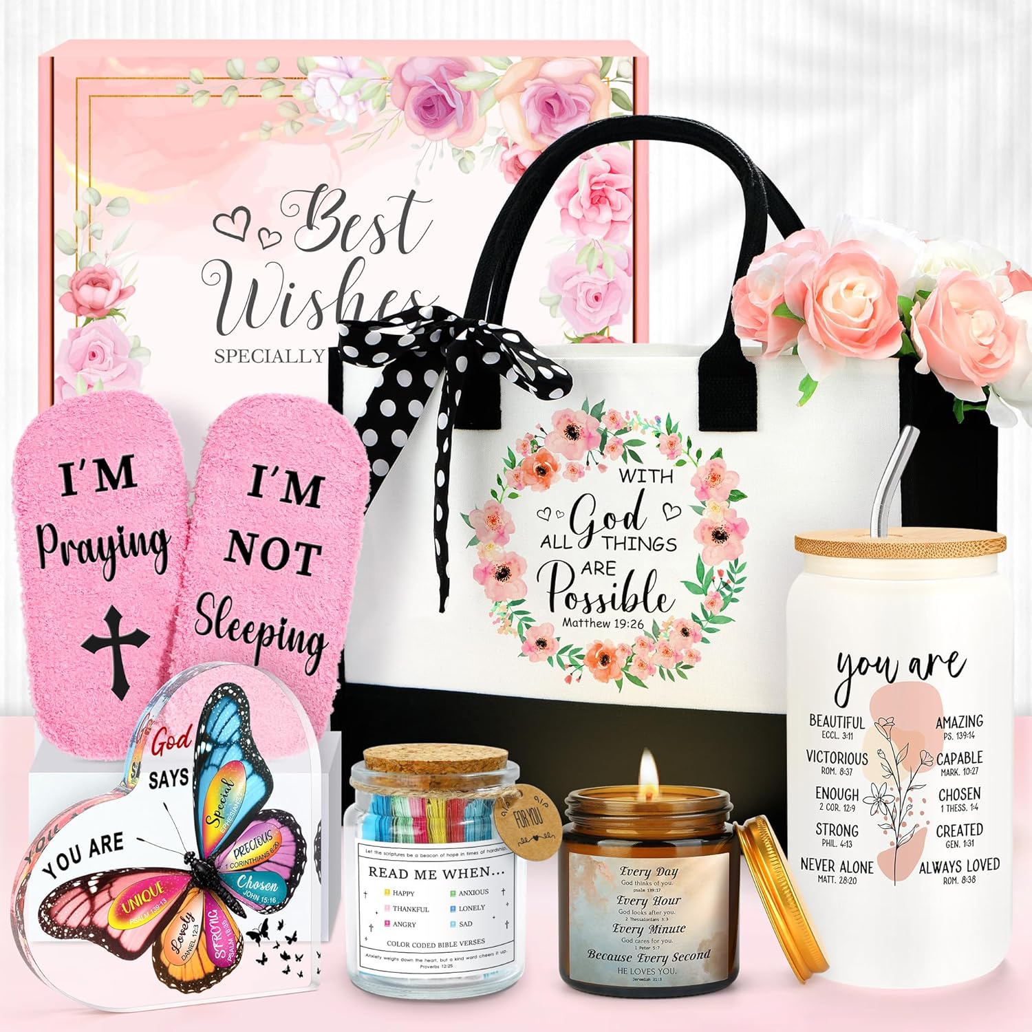 Christian Gifts for Women Faith Based Gift Inspirational Gifts for Women Birthday Unique Catholic Gift Bible Accessories Inclue Bible Verse Jar Butterfly Decorations Socks Glass Can Candles Tote Bag