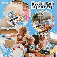 Vista 3 de Caja Registradora de Madera para Niños con Carrito de Compras Caja Registradora Infantil Recargable con Escáner Regalo para Niños de 3 4 5 6 7 8 9