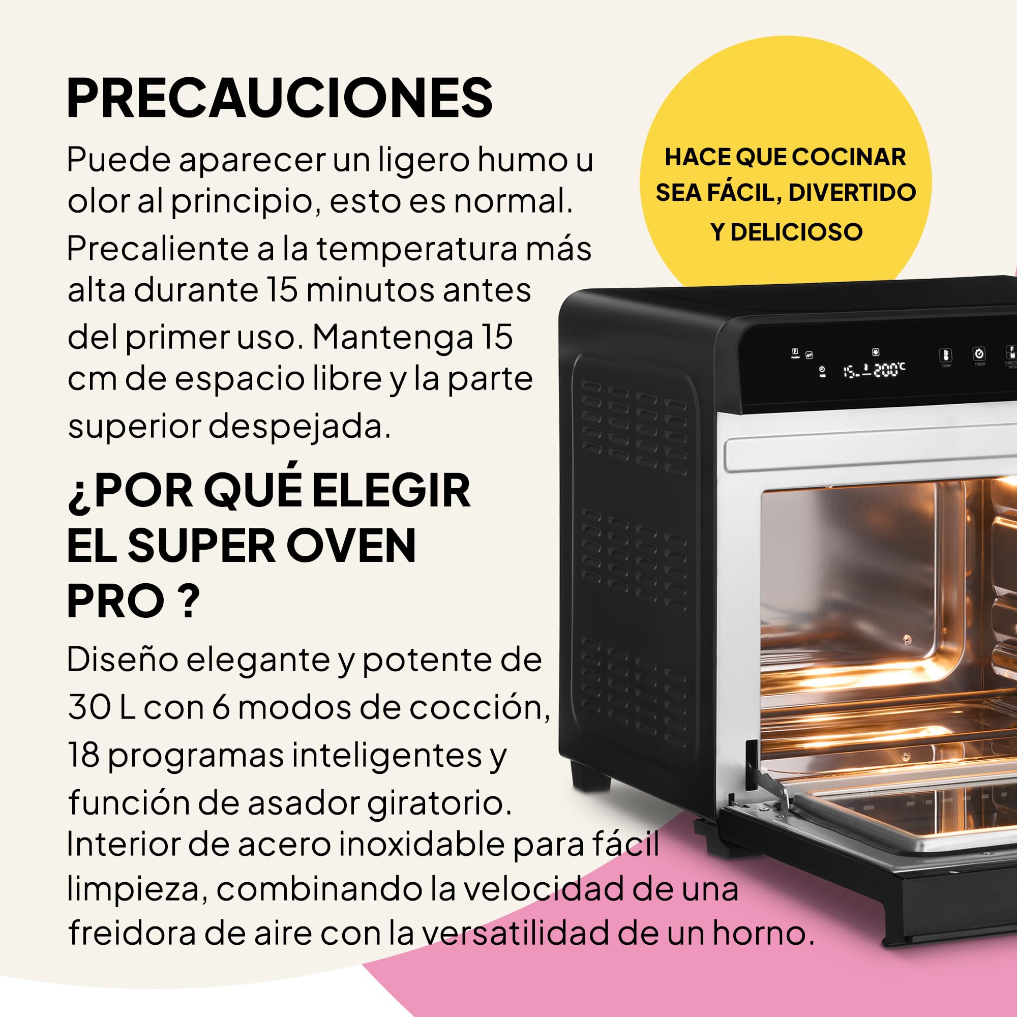 Fridja F77 Horno Súper Pro de 30L – Horno Freidora de Aire Digital LED Premium – 18 Programas Inteligentes, Función de Asador Giratorio (Rotisserie), Fácil de Limpiar, Rápido, Potente y Versátil, Inte