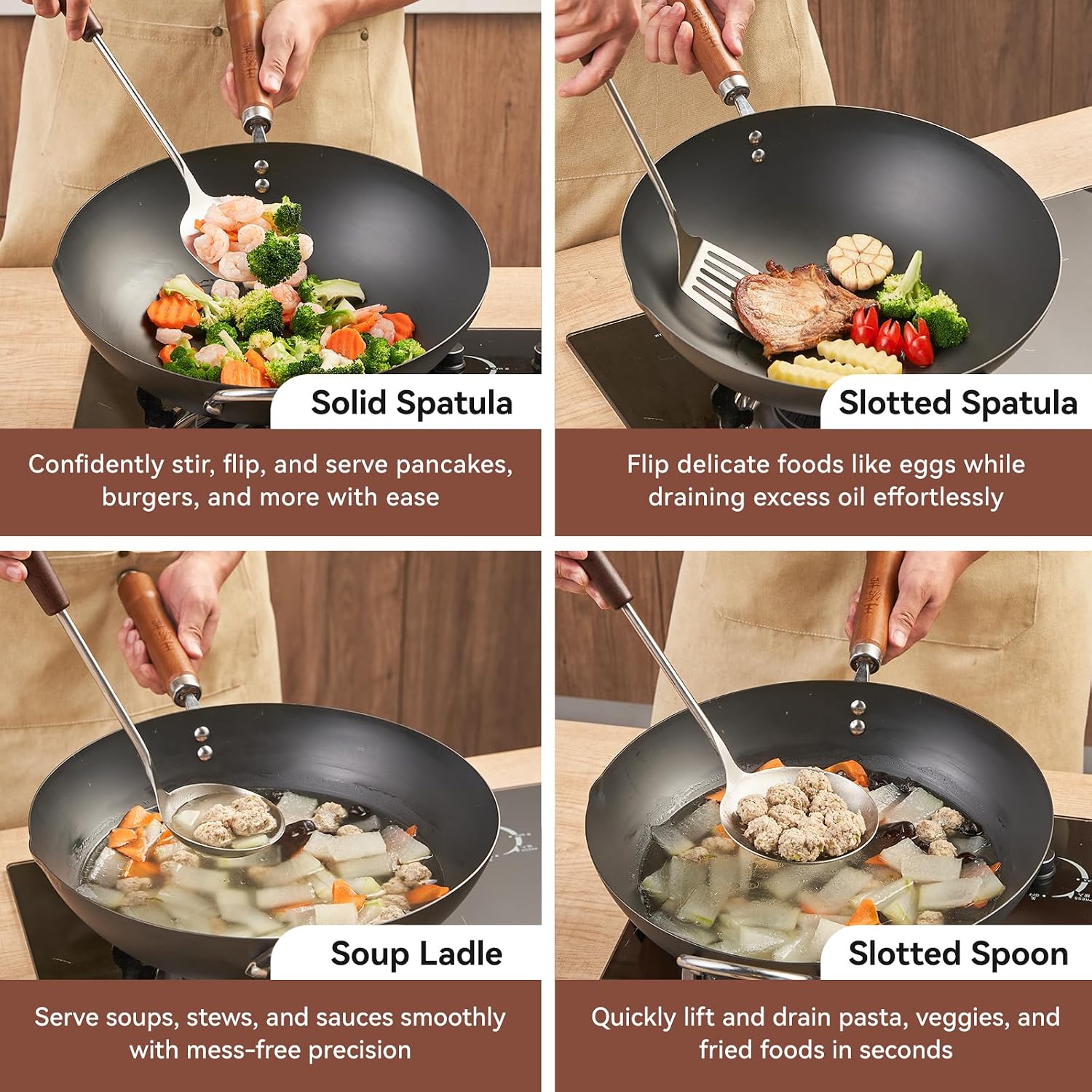 WANGYUANJI 4-Piece Wok Spatula and Ladle Set, Heavy Duty 304 Stainless Steel Kitchen Utensils with Heat Resistant Wooden Handle, Long Metal Turner & Skimmer for Carbon Steel Wok & Cast Iron Skillet