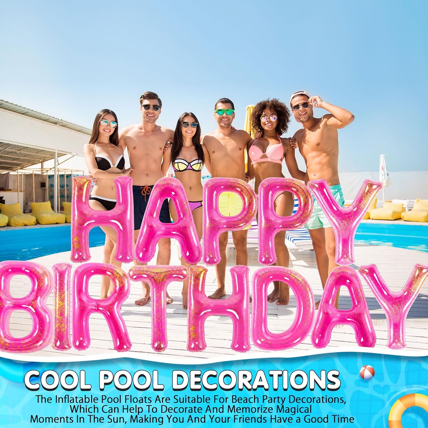 Shappy 30'' Happy Birthday Pool Extra Large Floating Letter Balloons with Adhesive Dots Inflatable Party Decorations for Summer Birthday Party