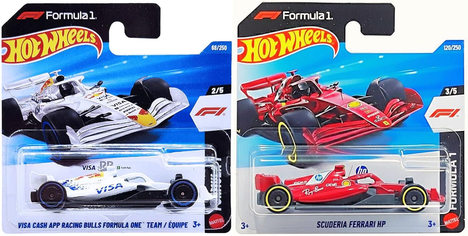 Hot Wheels Formula 1 Die-Cast Cars Short Cards, Scuderia Ferrari HP and Visa Cash App Racing Bulls, 2-Pack, Ages 3+