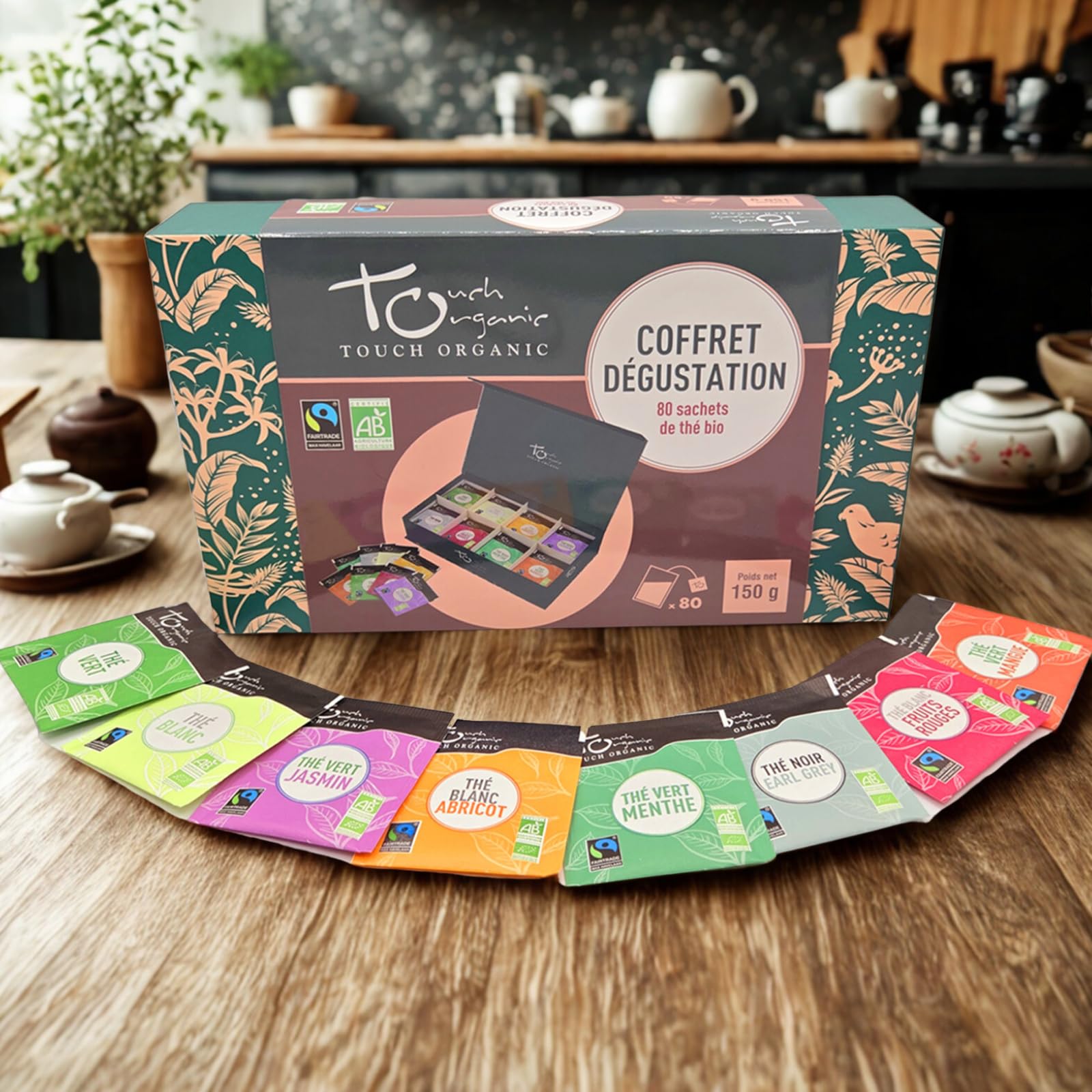 Touch Organic - Coffret Dégustation de Thés Bio | 8 Variétés & 80 Sachets | Collection Premium avec Thés verts, blanc et parfumés | Coffret cadeau