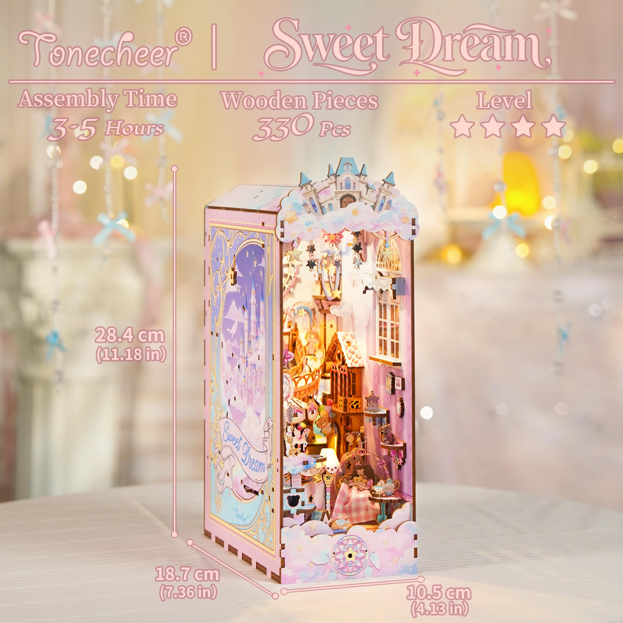 Tonecheer Book Nook Kit puzzle in legno 3D Booknooks fai da te modellini per adulti da costruire in miniatura casa libreria Nook Book con luce regalo divertente regalo di compleanno (Dolce Sogno)