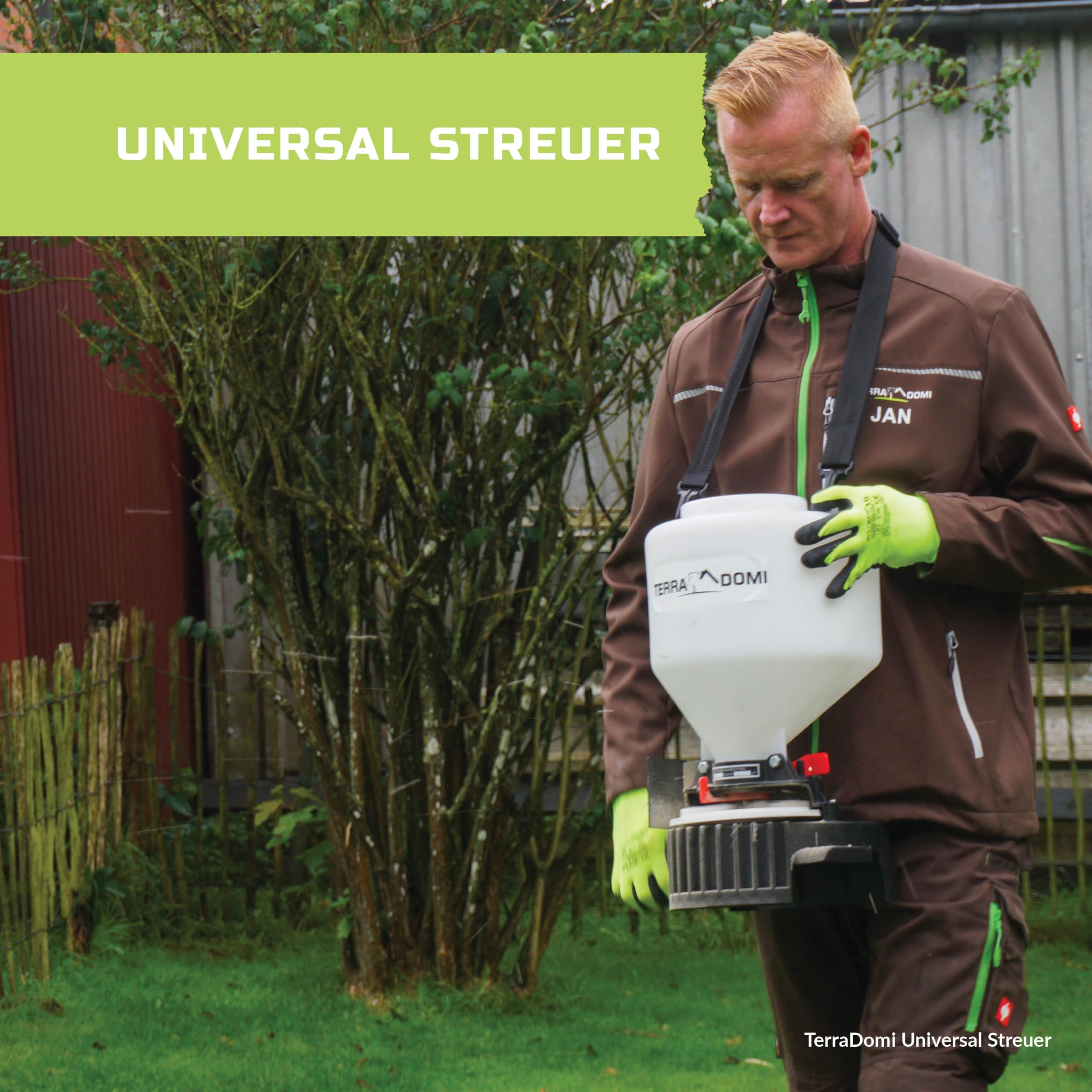 TerraDomi Universal Streuer | Manuelles Streugerät für Dünger, Saatgut & Streusalz | Handstreuer für Garten & Winterdienst | 9L Behälter | Ergonomisch & leicht | Ideale gleichmäßige Verteilung