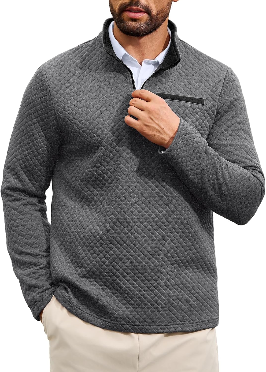 Auxo Mens Quarter Zip Pullover Quilted Sweatshirt Casual Long Sleeve Mock Neck Fall Sweater Polo