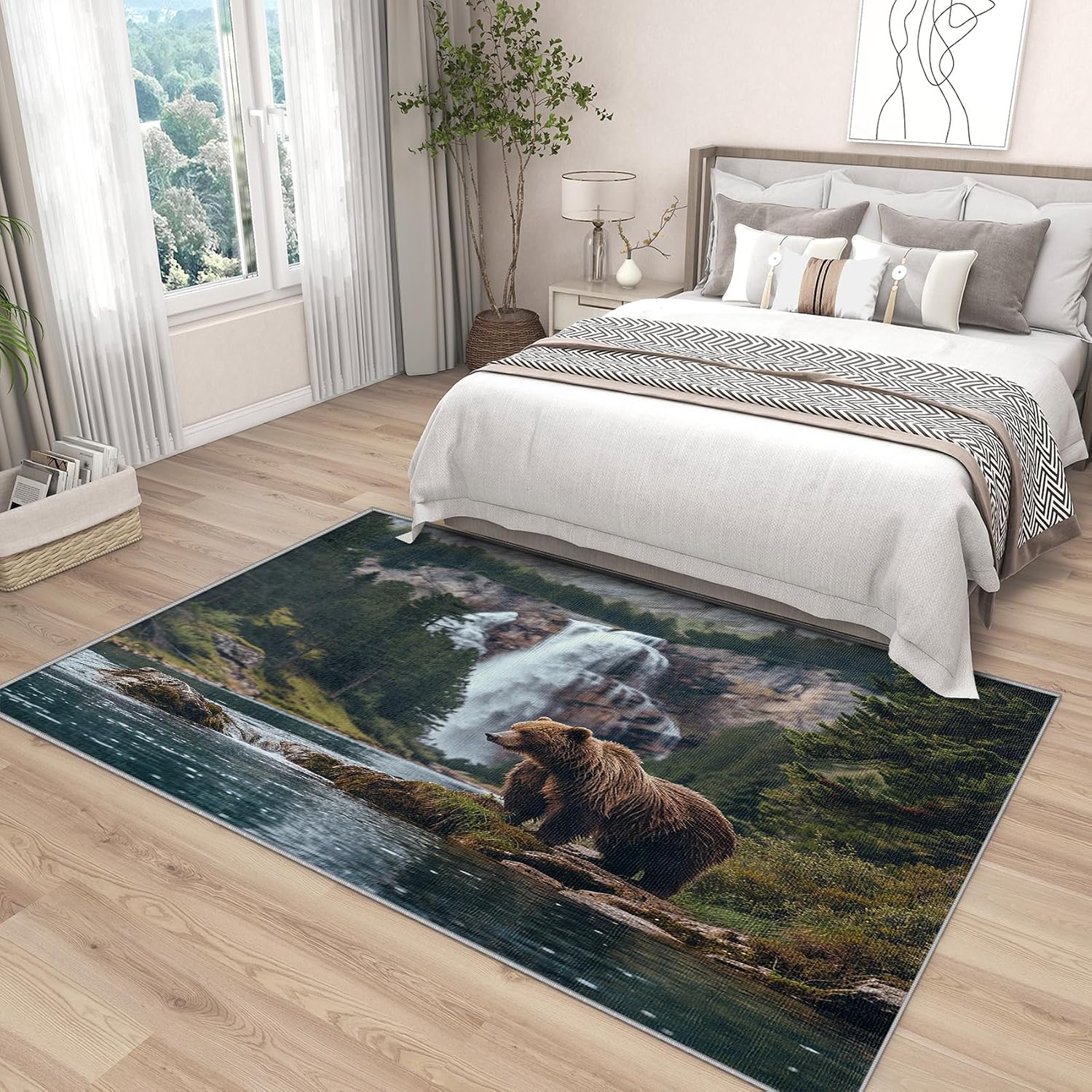 5x7 Rug, Bear Rug, Mountain Landscape Wildlife Rugs for Living Room Bedroom, Cabin Wildlife Carpet, Washable & Non Slip & Soft Low Pile Large Indoor Area Rug, Bear Home Decor & Gifts