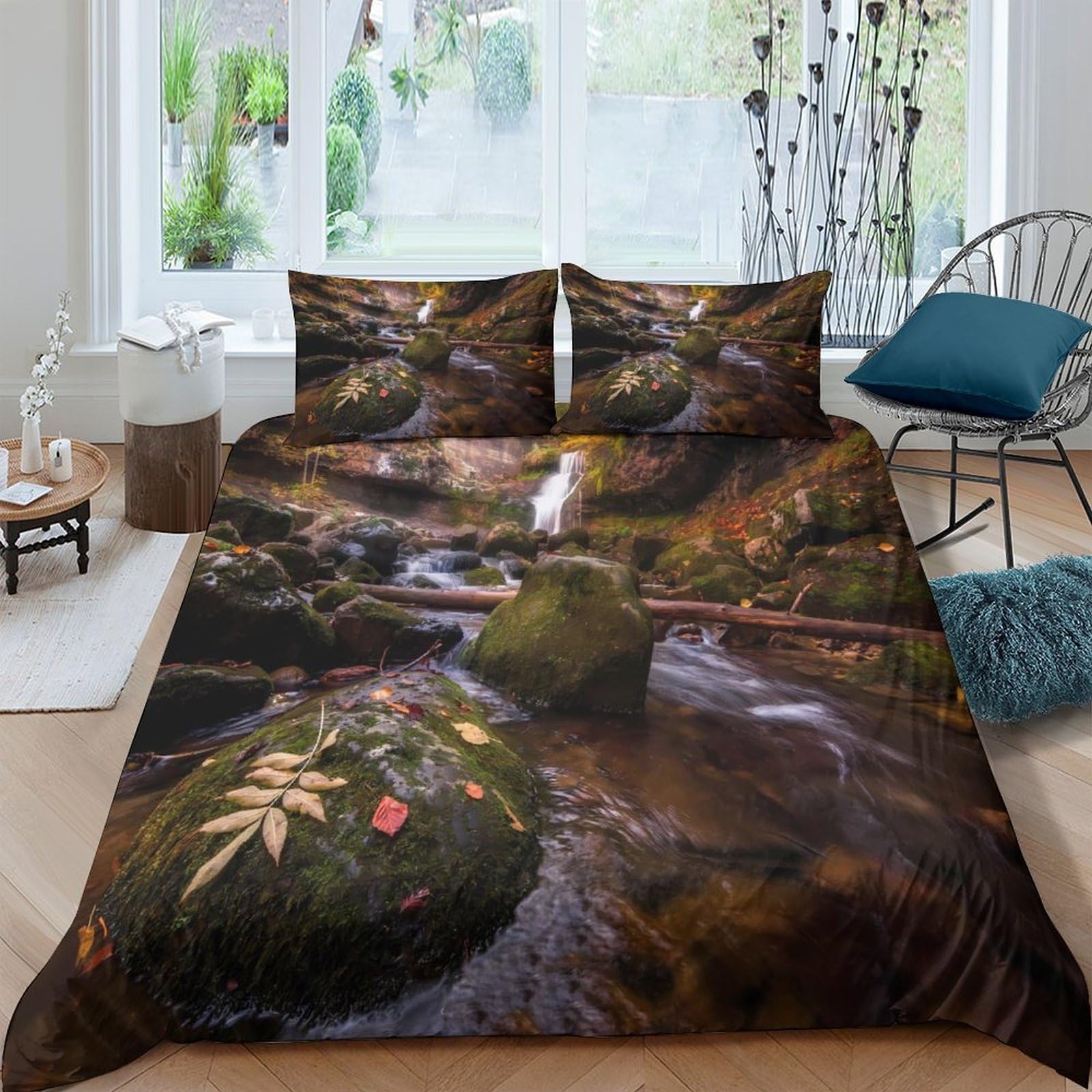Ctjqhvkz Style-2 3D Printed Forest Stream Fitted Sheet Microfiber Moss Rock Mattress Cover Anti-Slip Machine Washable For Bedroom Dorm Decor Single（135X200cm）