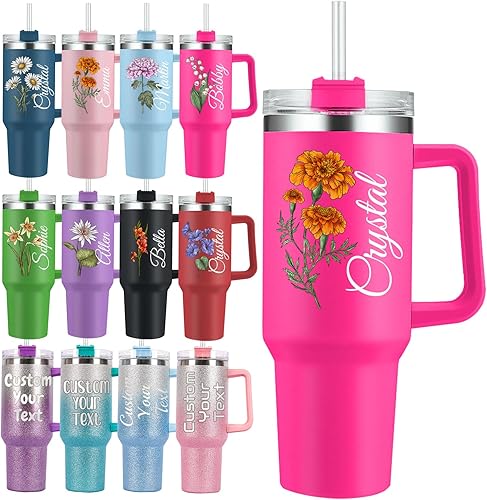Vaso personalizado de 40 onzas con asa, vaso de acero inoxidable aislado a la medida con tapas, sin pajilla, estampado de flornombre rosa