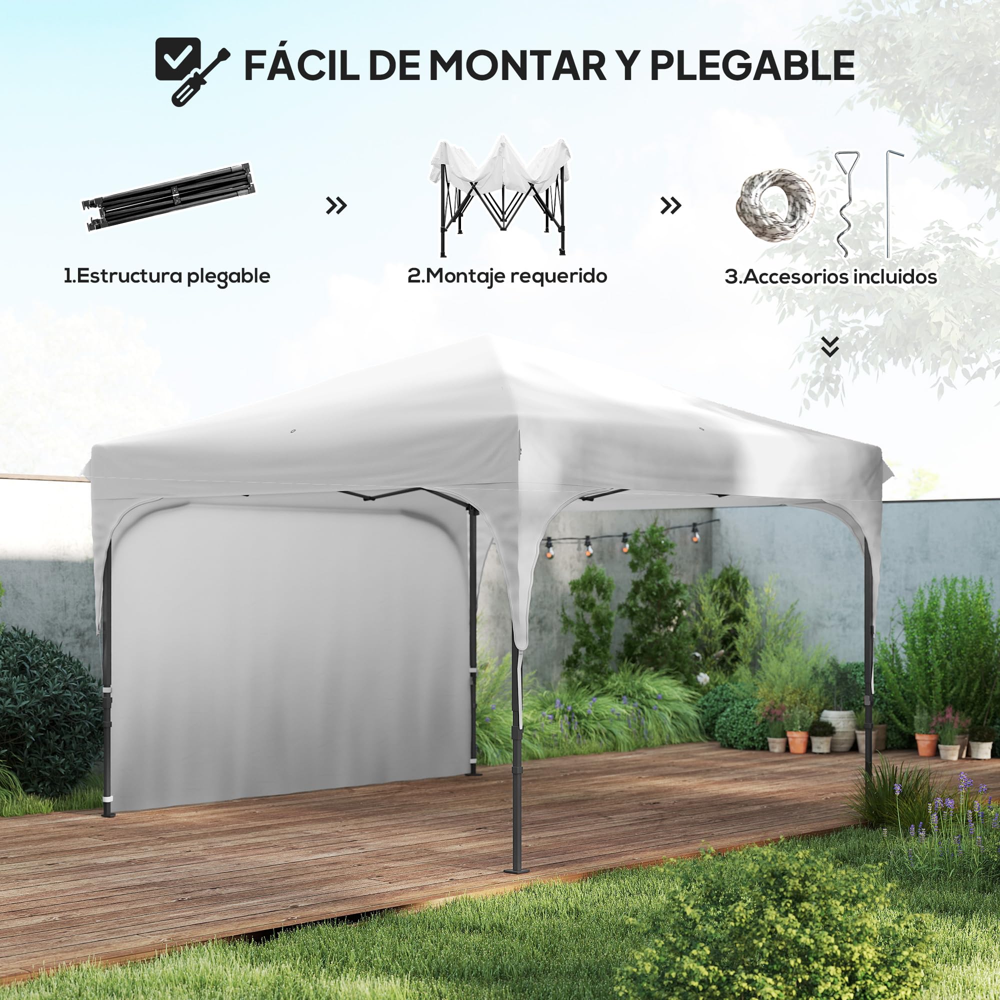 Outsunny Carpa Plegable 3x3 m Cenador de Jardín con Altura Ajustable 1 Pared Lateral Impermeable 4 Bolsas de Arena y Bolsa de Transporte Gazebo para Exterior Patio Fiestas Blanco