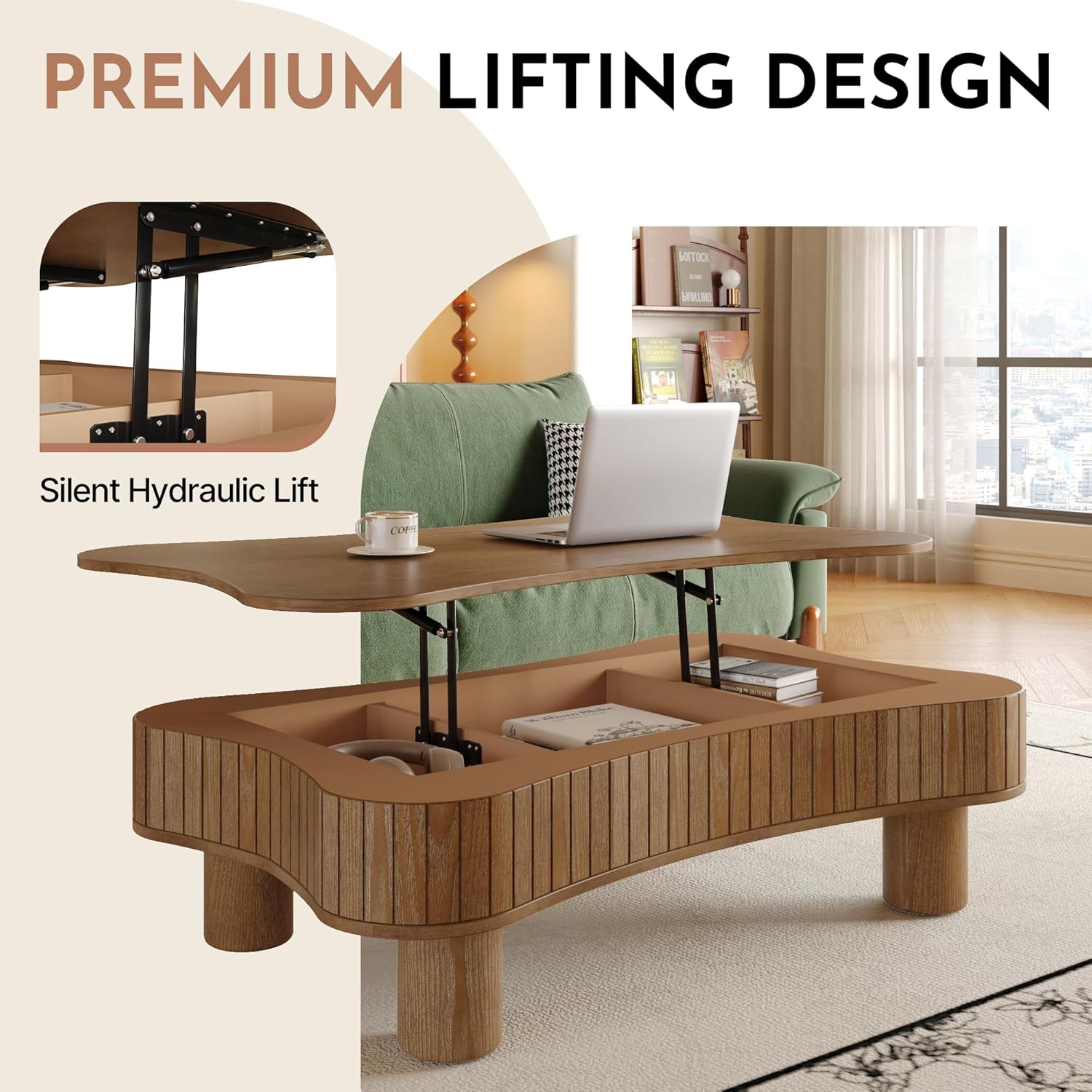 42" Farmhouse Lift Top Coffee Table with Storage, Fluted-Panel Wooden Lift Coffee Table with Spacious Hidden Compartment and Curved Safety Corners for Home Living Room (Walnut)