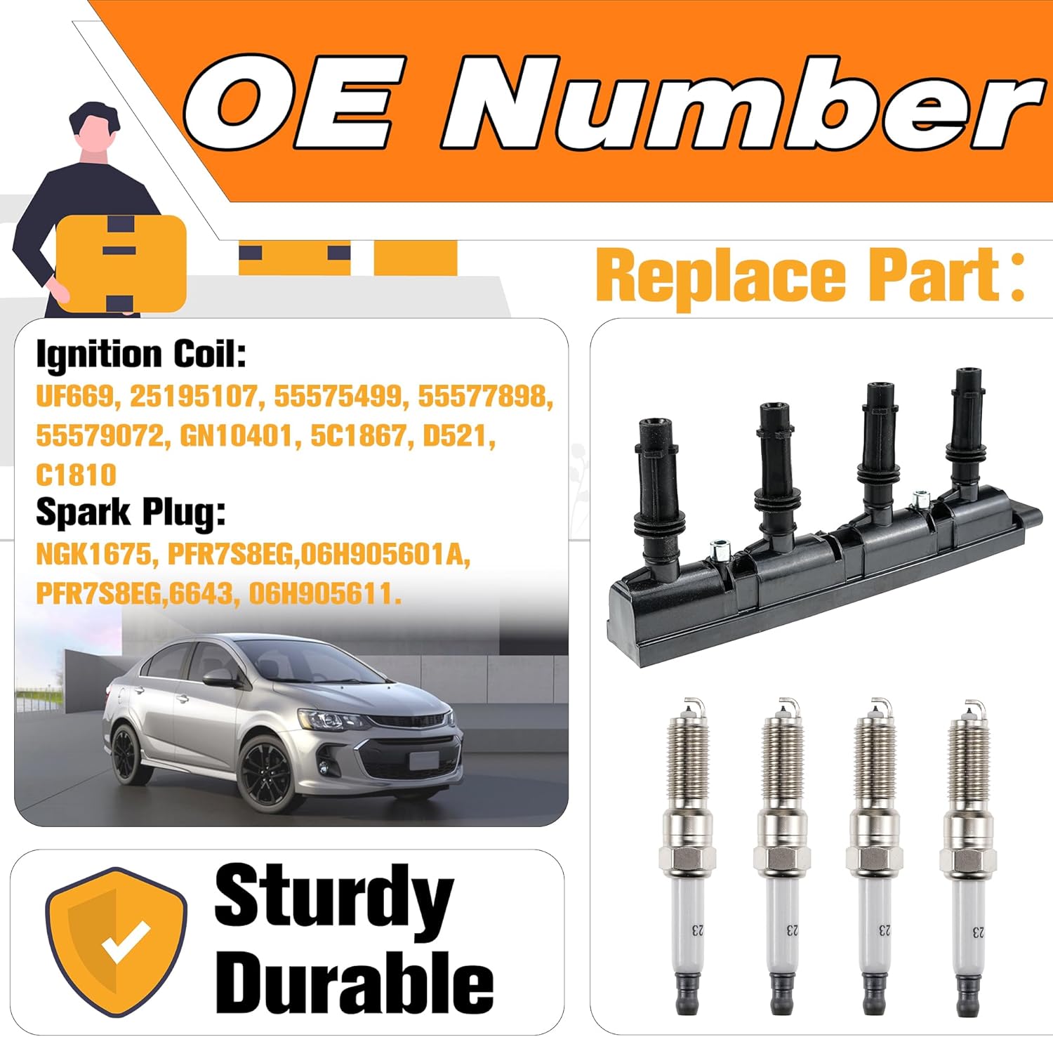 UF669 Ignition Coil & 1675 Double Iridium Spark Plug Compatible with Chevy Buick Encore Cruze Sonic Trax Volt Cruze Cadillac ELR Replaces# D521C 55577898 55579072 25198623