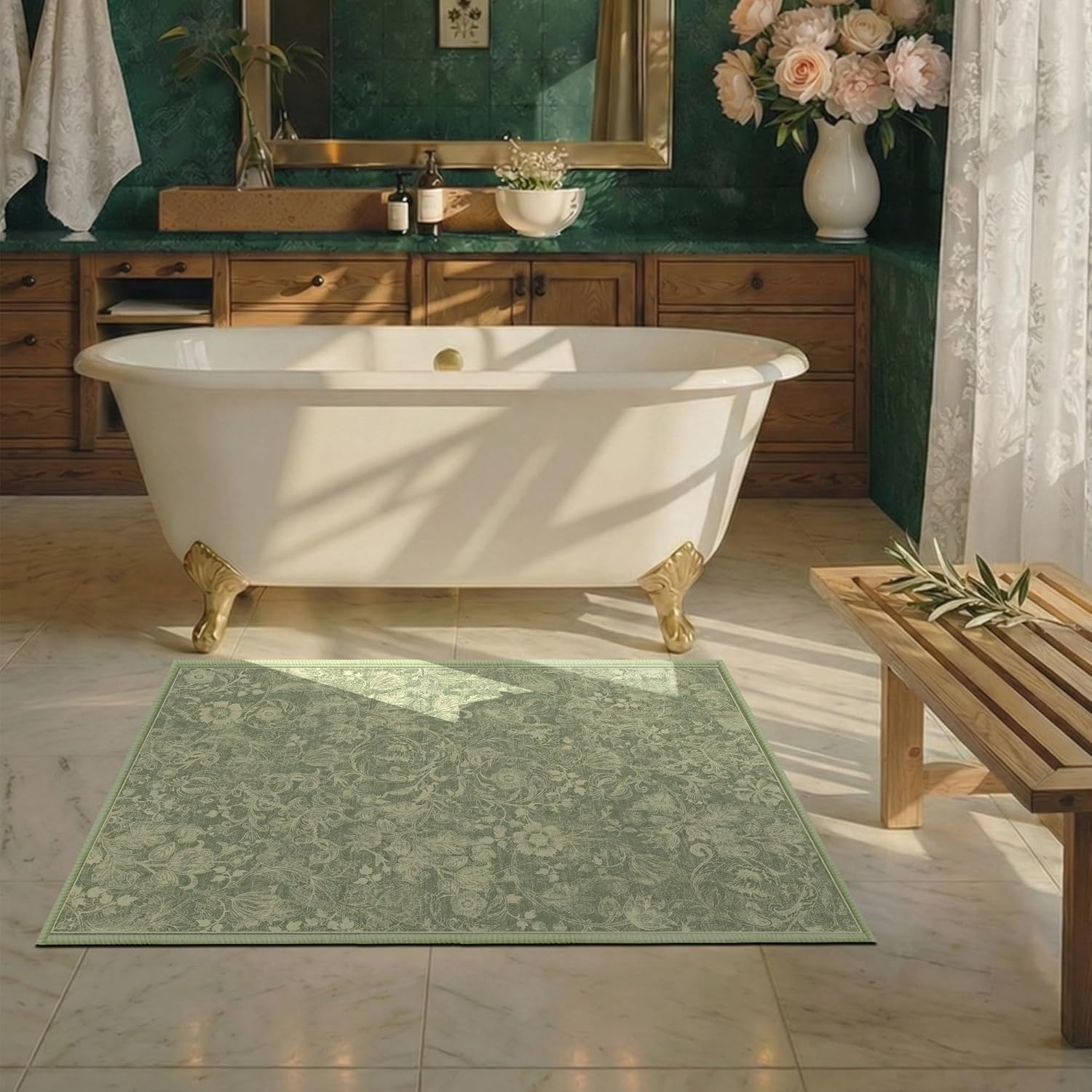 Washable Floral Area Rug 2x3, Vintage Farmhouse Botanical Rug, Non Slip Low Pile Thin Floor Soft Small Accent Rug for Entryway Bedroom Living Room Kitchen Doorway Stain Resistant Light Olive
