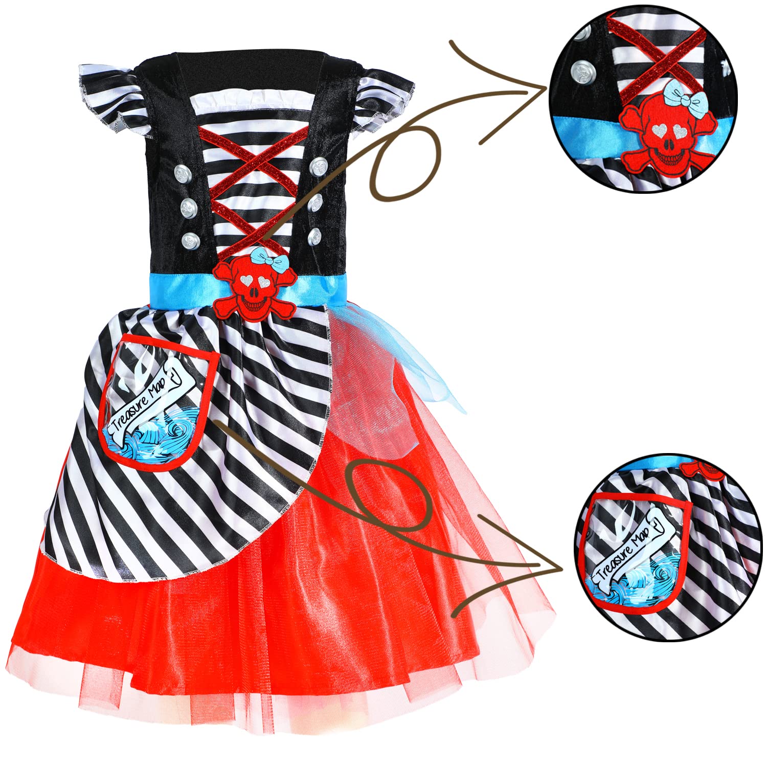 Sincere Party Piratenkostüm für Mädchen,Seeräuber-Prinzessin,Deluxe-Kleid und Piratenhut für Kinder