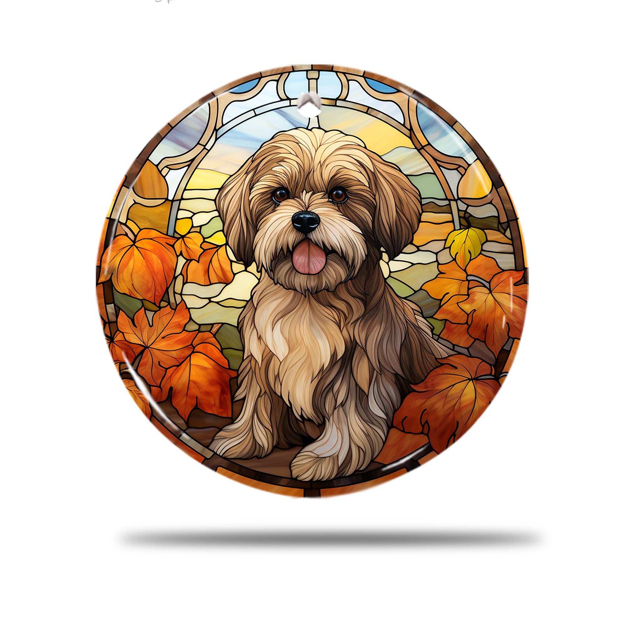 Zishenghuodianzishangwuyouxiangongsi White Ceramic Christmas Ornaments, 7.3Cm Autumn Lhasa Apso Dog Pattern Xmas Tree Ornament Hanging Ceramic Hanging Xmas Tree Hanging Ornaments For Indoor Party Home