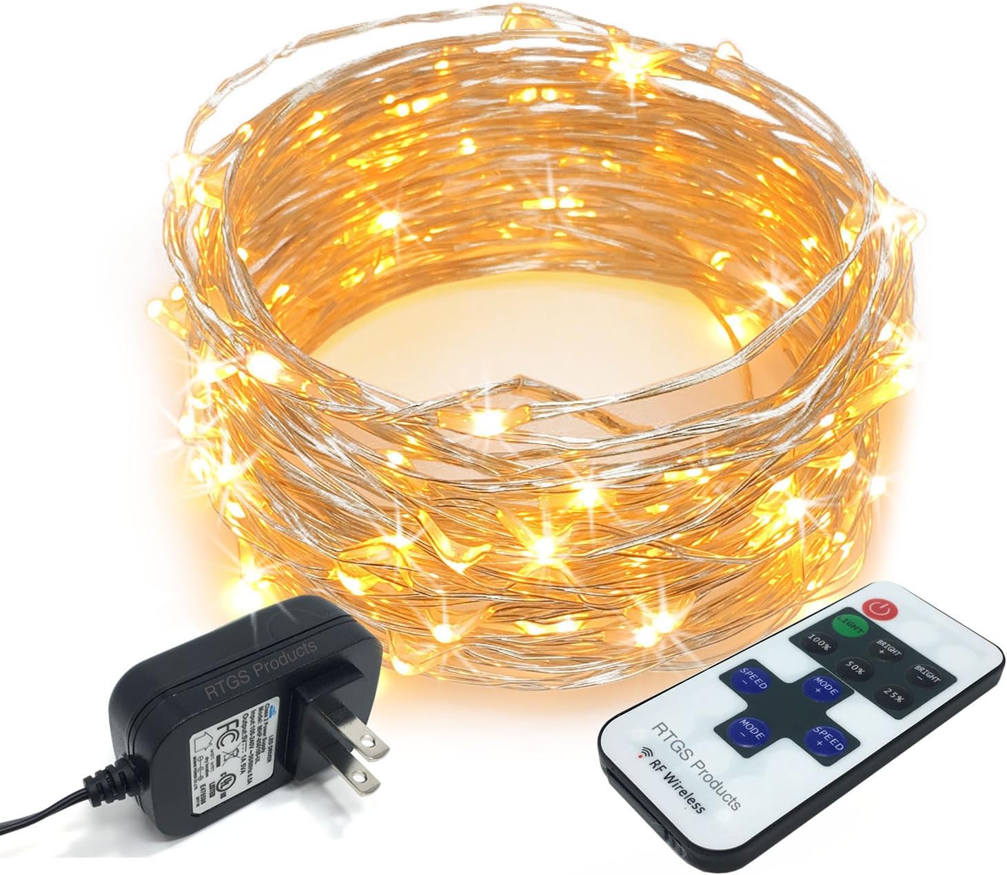 RTGS 100 LEDs String Lights Plug-in on 32 Feet Long Silver Color Wire, Indoor Outdoor Use (Warm White Color 100 LEDs 32 FEET Remote and Functions)