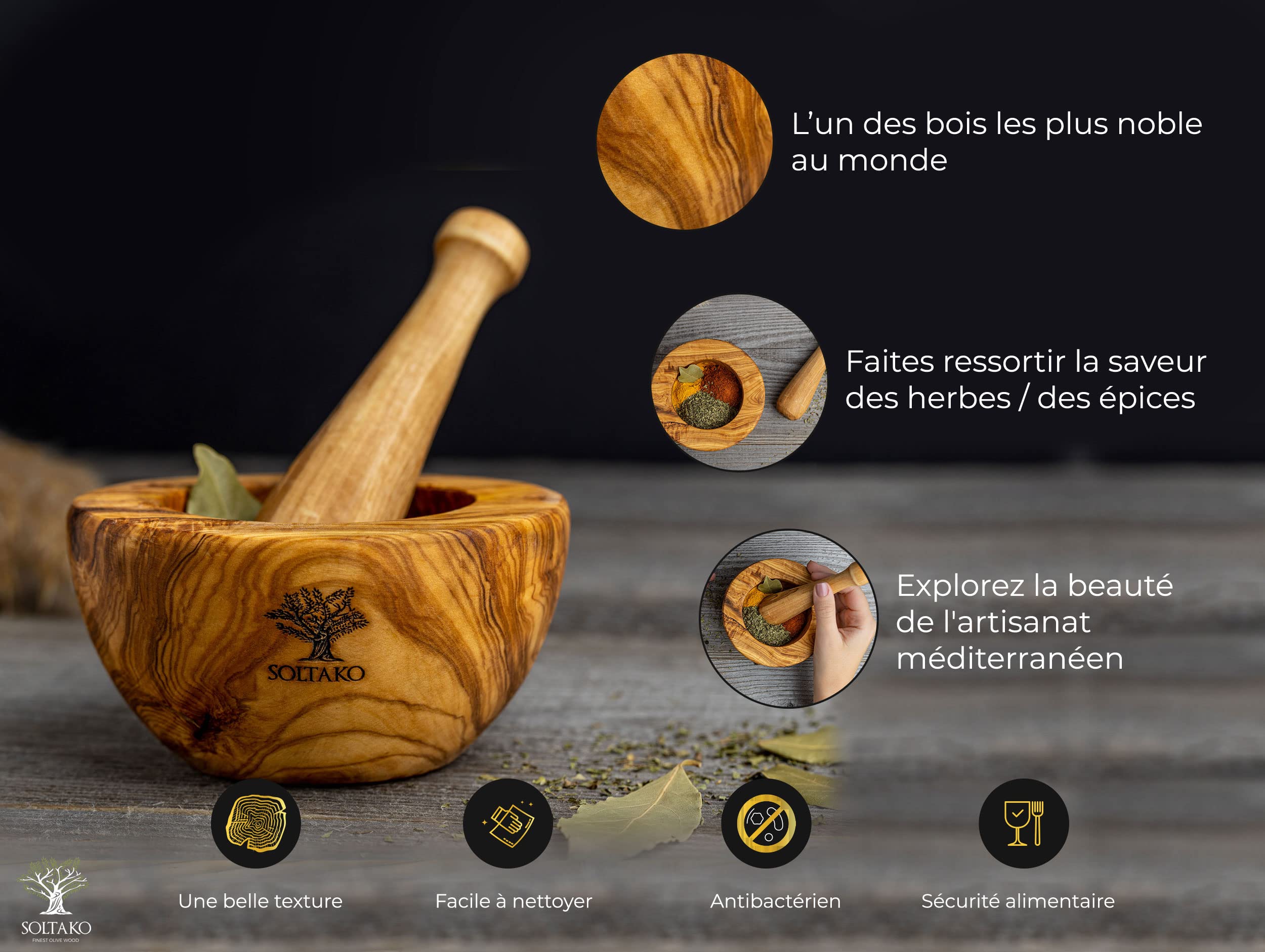 SOLTAKO Mortier et Pilon - Ensemble de Mortier et Pilon en Bois d'Olivier - Broyeur pour Poivre, Épices - Mortier Africain - Bois d'Olivier Tunisien - Cuisine Artisanale Ø env.14cm