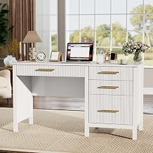 Fluted Executive Desk with Drawers, 54" White Desk with Storage