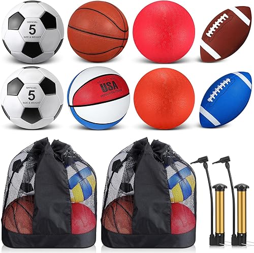 Deekin Juego de 8 pelotas deportivas de tamaño oficial, incluye baloncesto, fútbol, fútbol, pelota de juegos con bolsas de equipo, bombas para