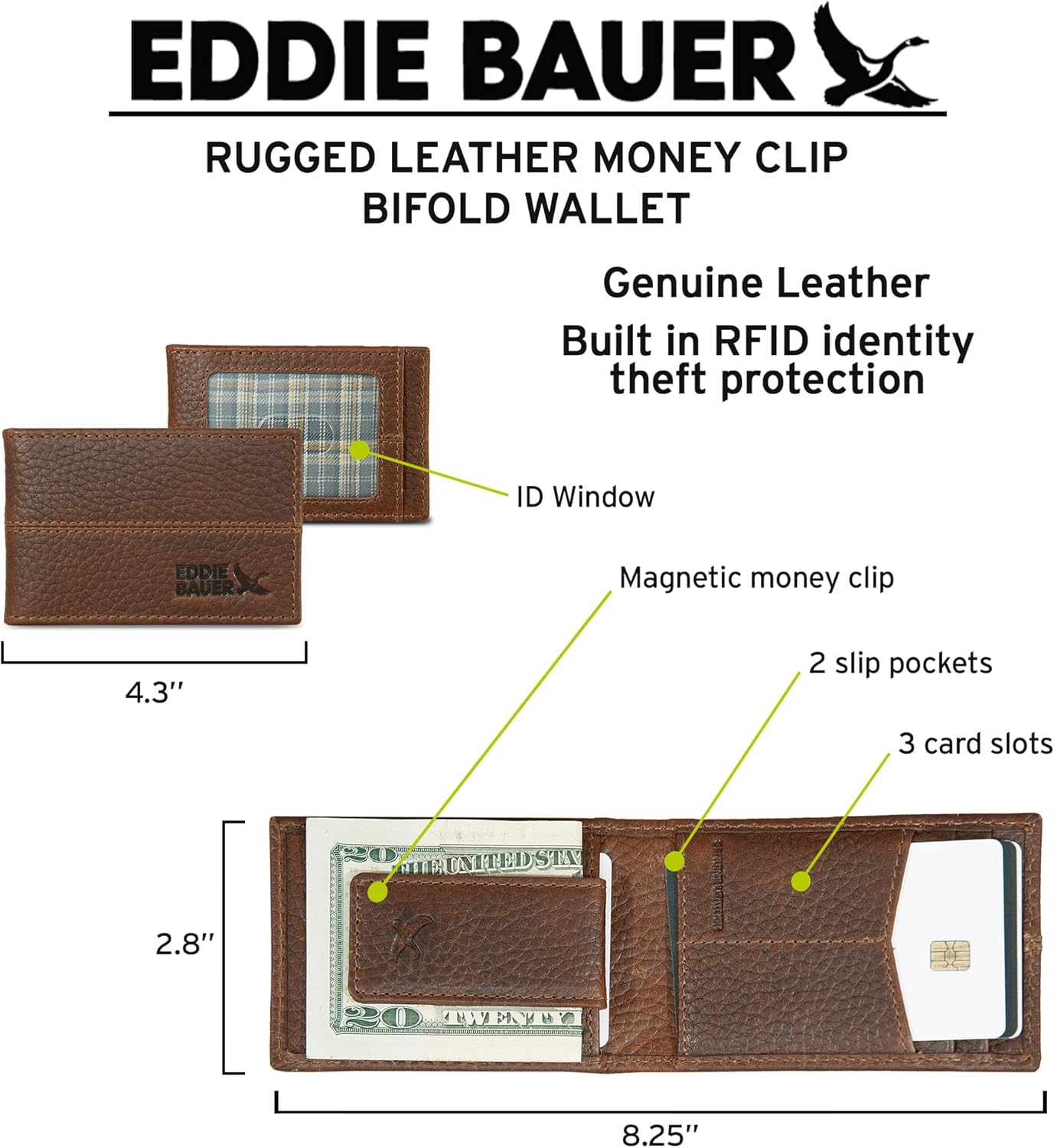 Eddie Bauer Men's Rugged Leather Bifold Wallet | Money Clip | RFID Protection | ID Window | Genuine Leather | EDC - Image 7