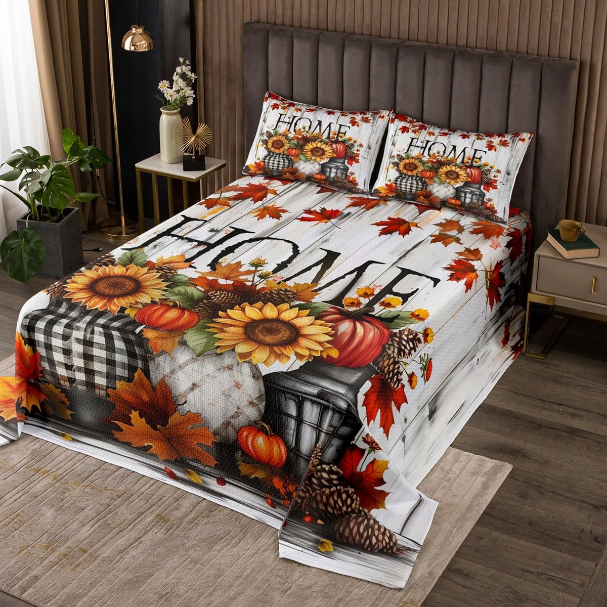 Watercolor Autumn Quilts Set for Kids,Sunflowers Geometric Wood Stripes 3Pcs Bedspread Bedding Sets,Fall Maple Leaves Bed Cover Set,Farmhouse Style Bedspread Coverlet with 2 Pillowshams (King Size)