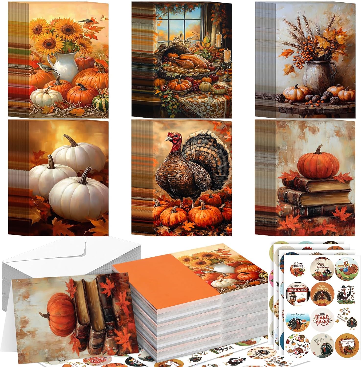 120 Pack Thanksgiving Greeting Cards with Envelope Bulk 4 x 6 Inch Vintage Happy Fall Pumpkin Holiday Family Card and 120 Pack Blank Envelope 24 Pcs Turkey Harvest Sticker Friendsgiving Party Supply