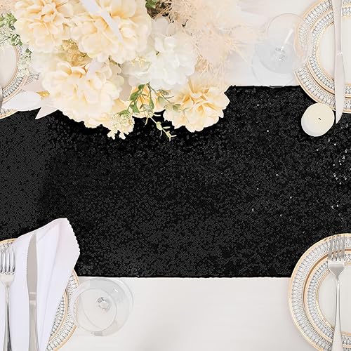 Miniatura 8 de SoarDream Camino de mesa negro, 10 paquetes de 12 x 72 pulgadas, lentejuelas de tela metálica con purpurina para fiestas, cumpleaños, vacaciones,