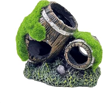 Moss-Covered Twin Broken Barrels Aquarium Decor Resin Fish Tank Hideout with Artificial Moss for Betta, Shrimp & Small Fish