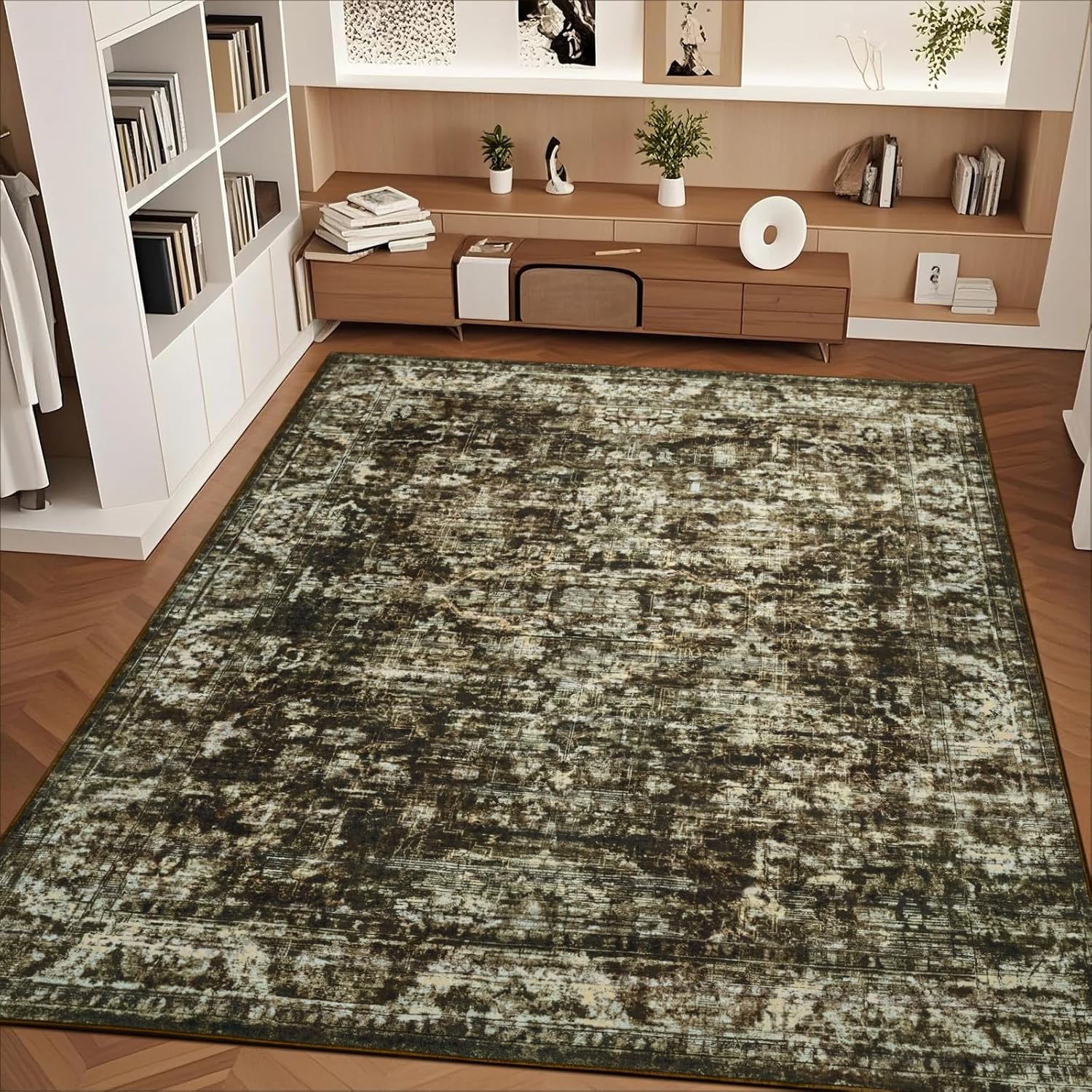 8x10 Washable Area Rug, Vintage Living Room Rug, Ultra Soft Large Abstract Non Slip Carpet Printed Low Pile Foldable Accent Rugs for Bedroom, Kitchen, Dining Room, Non-Shedding, Easy Clean