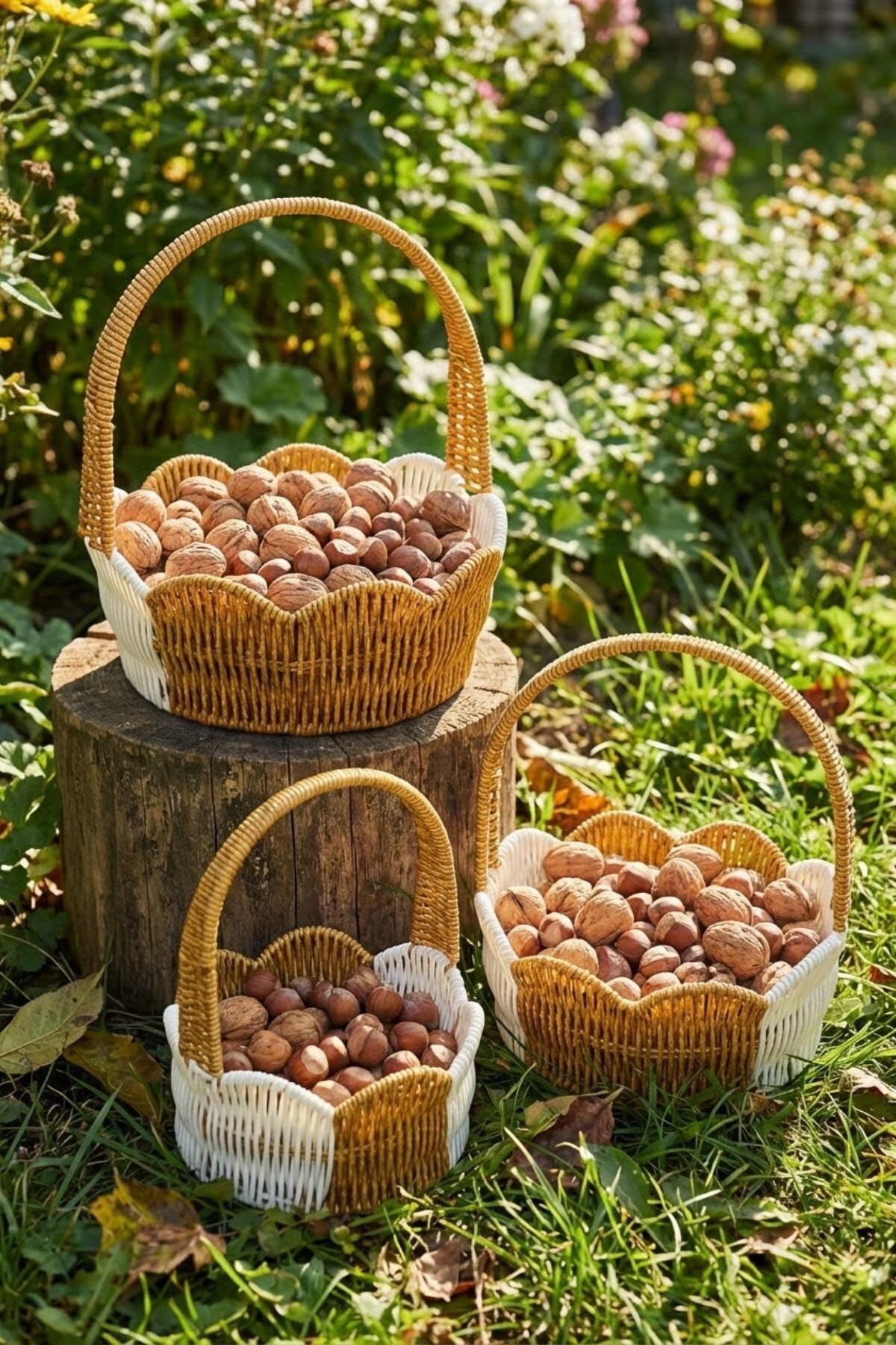 BUFFER İç İçe Geçebilen 3'lü Çift Renkli Yuvarlak Dalgalı Formlu Saplı Plastik Rattan Sepet Seti, Hasır Görünümlü Çok Amaçlı Organizerler, 18x7cm, 21x8cm, 24x9cm